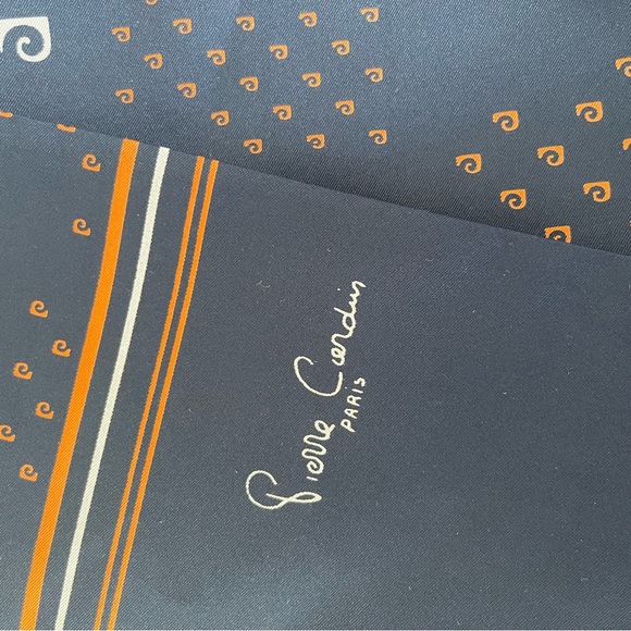 NOS Vintage Pierre Cardin Paris Navy Blue Orange Logo Print Long Scarf 6 x 54 - Picture 5 of 5